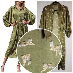 Zara Tiger Printed Green Satin Button Front Balloon Sleeve Pleated Midi Dress. M